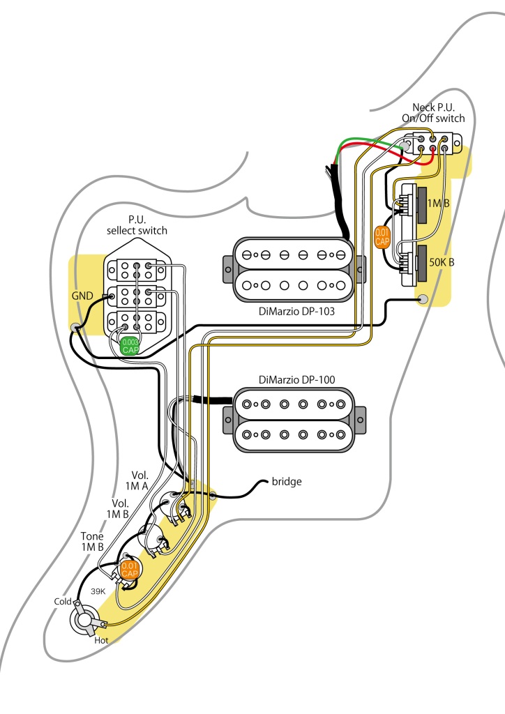 Fender Jaguar 2 Ham Wiring (2Vol 1Tone)  配線図